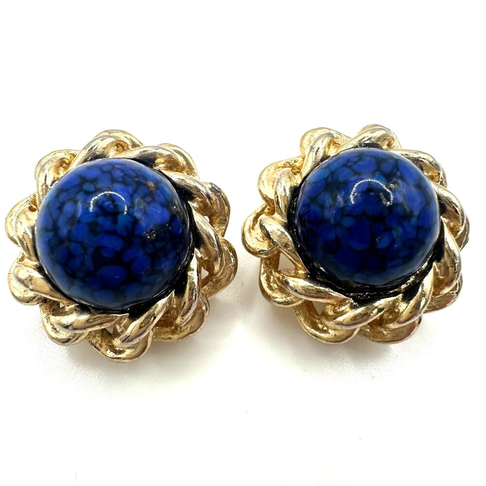 Gay Boyer  vintage gold tone blue art glass cabochon clip on earrings